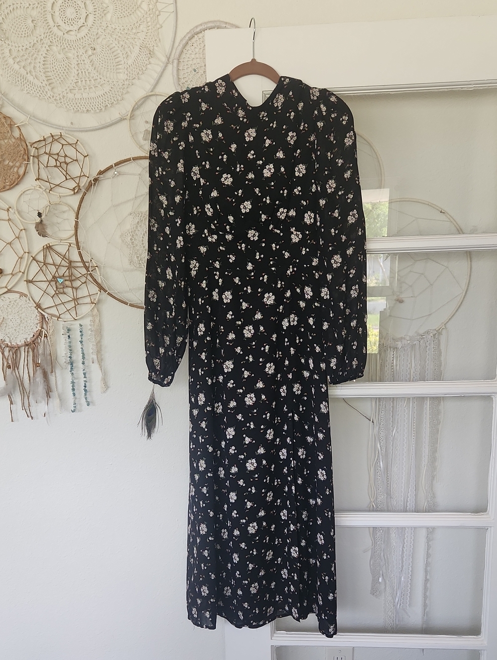 Black Floral Long Sleeve Open Back Maxi Dress With Front Slit